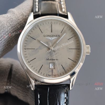 Replica Longines Elegant Gray Meteorite Texture Dial Black Leather Strap Watch 8215 Movement